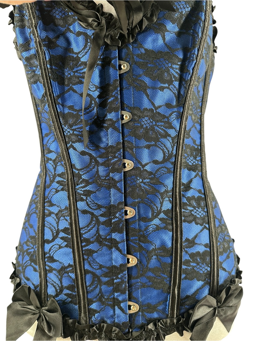 Corset top blue black lace overlay cinched waist trainer boning witchy goth M - Picture 4 of 9